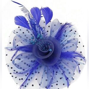 Blue Feathered Hat with Netting and Floral Design